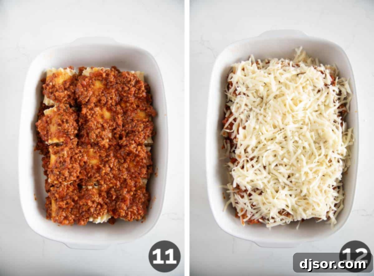 Easy Lasagna Pinwheels 8 A two-part image depicting Lasagna Roll Ups in a baking dish: first, topped with the remaining meat sauce, and second, blanketed with a generous layer of shredded mozzarella cheese, ready for baking.