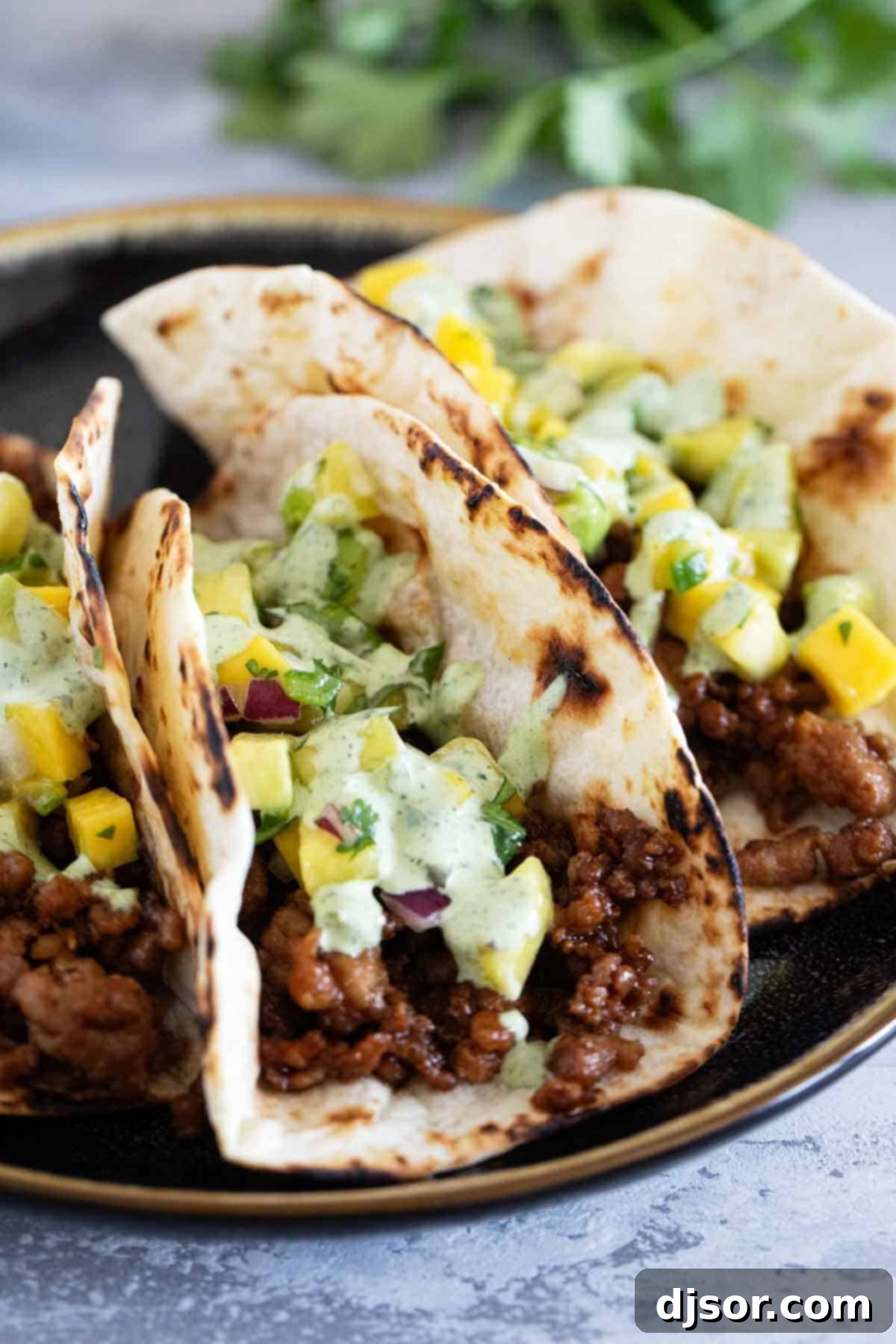 Island Taco Fiesta 2 Plate with 3 Hawaiian Tacos topped with vibrant pineapple mango salsa and drizzled with creamy cilantro lime sauce.