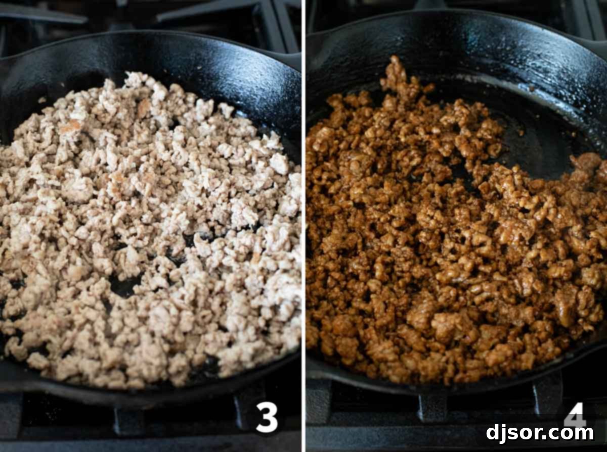 Island Taco Fiesta 5 Cooking the ground pork filling for Hawaiian tacos in a large skillet, browning it evenly.