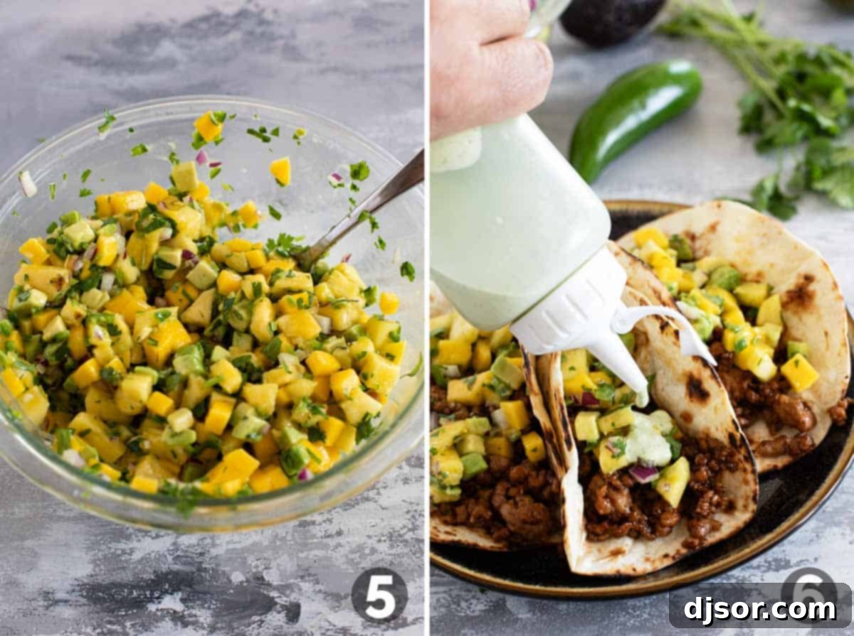 Island Taco Fiesta 6 Assembling Hawaiian tacos with pineapple mango salsa and a generous drizzle of cilantro lime sauce.