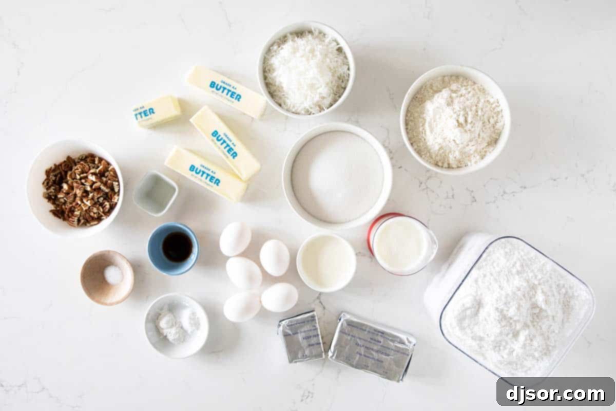 All the fresh ingredients ready for baking a delicious Italian Cream Cake. ingredients laid out for making Italian Cream Cake
