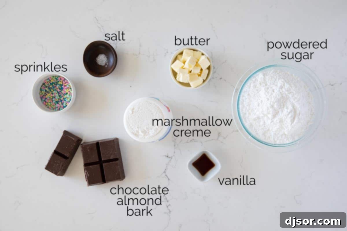 Essential Ingredients for Marshmallow Truffles A selection of fresh ingredients laid out on a clean surface, including marshmallow creme, butter, vanilla, salt, powdered sugar, chocolate coating, and colorful sprinkles, ready to be transformed into delicious Easter Egg Marshmallow Creme Truffles.