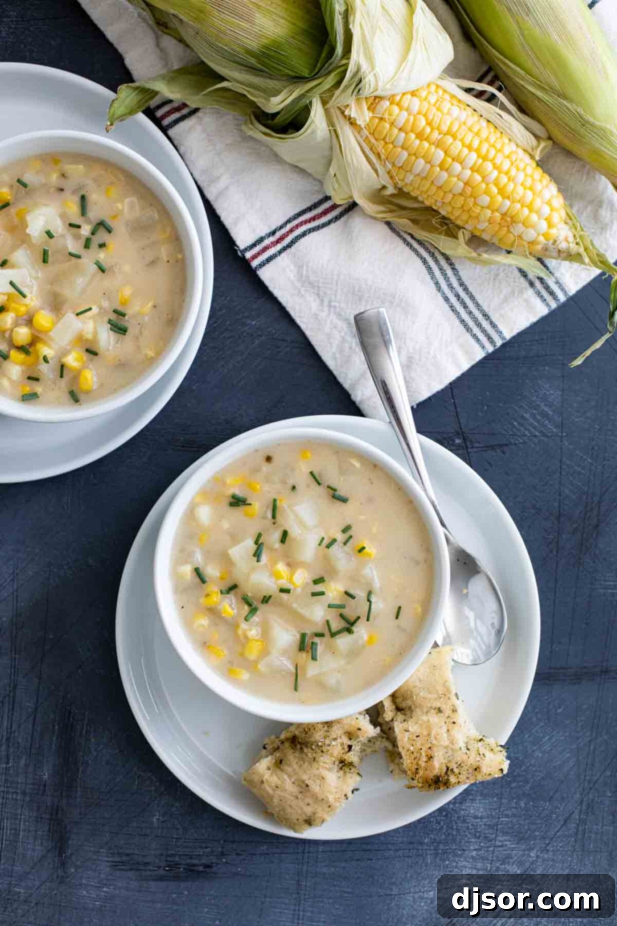 Delicious Potato Corn Chowder in Bowls Multiple bowls of Potato Corn Chowder, ready to be served