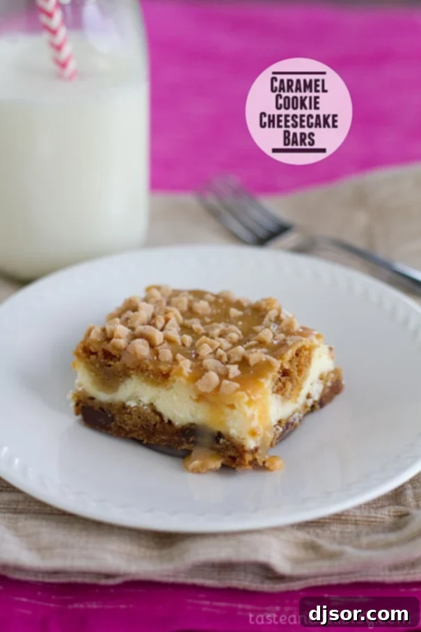 A slice of Caramel Cookie Cheesecake Bar on a pristine white plate, showcasing its layers.
