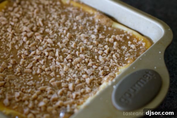 Sprinkling additional toffee pieces on top of caramel-covered cookie cheesecake bars.