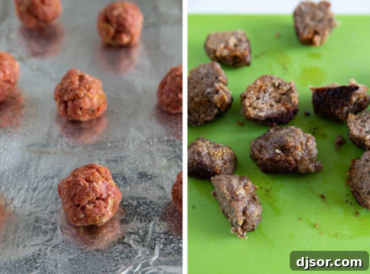 Comfort food at its finest – this Meatball Pizza is topped with homemade meatballs, onions and lots of cheese. Elevate your pizza night with this delicious recipe that will have everyone asking for seconds. Hands gently mixing ground beef with spices, breadcrumbs, and egg yolk in a bowl, preparing homemade meatballs for the pizza.