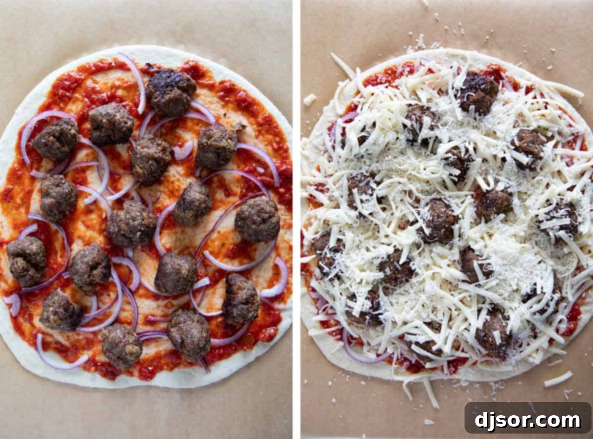 Comfort food at its finest – this Meatball Pizza is topped with homemade meatballs, onions and lots of cheese. Elevate your pizza night with this delicious recipe that will have everyone asking for seconds. A raw pizza dough disc topped with vibrant red pizza sauce, savory halved meatballs, thinly sliced red onions, and a generous layer of white shredded cheese, ready for baking.