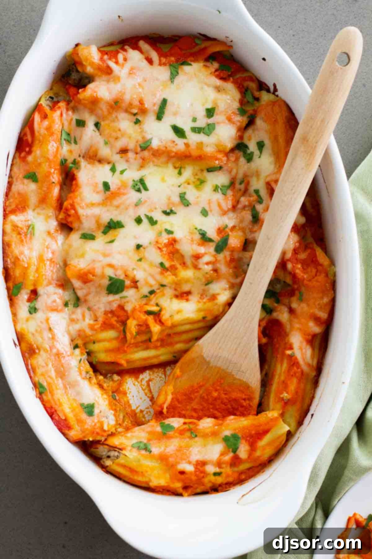 Full dish of Ground Beef Stuffed Manicotti, ready to be served