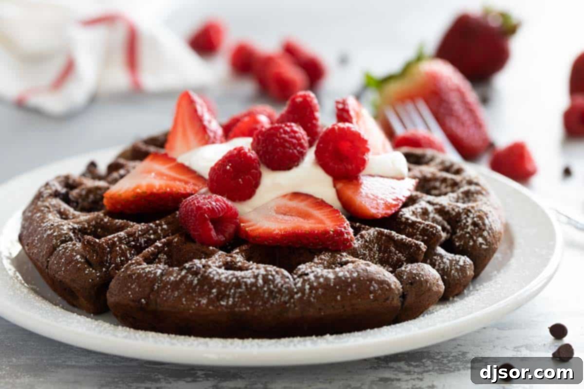 Chocolate waffle on a plate topped with whipped cream and fresh berries, ready to be enjoyed for breakfast or dessert.