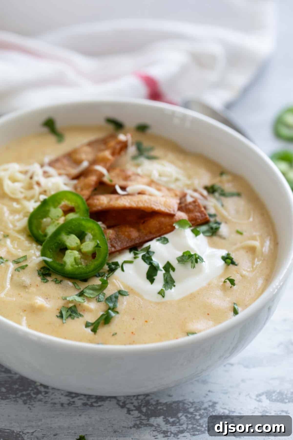 Zesty Verde Chicken Enchilada Soup 2 Bowl of Green Chicken Enchilada Soup topped with sour cream, cheese, tortilla strips, cilantro, and jalapeños, showcasing its rich, creamy texture and vibrant garnishes.