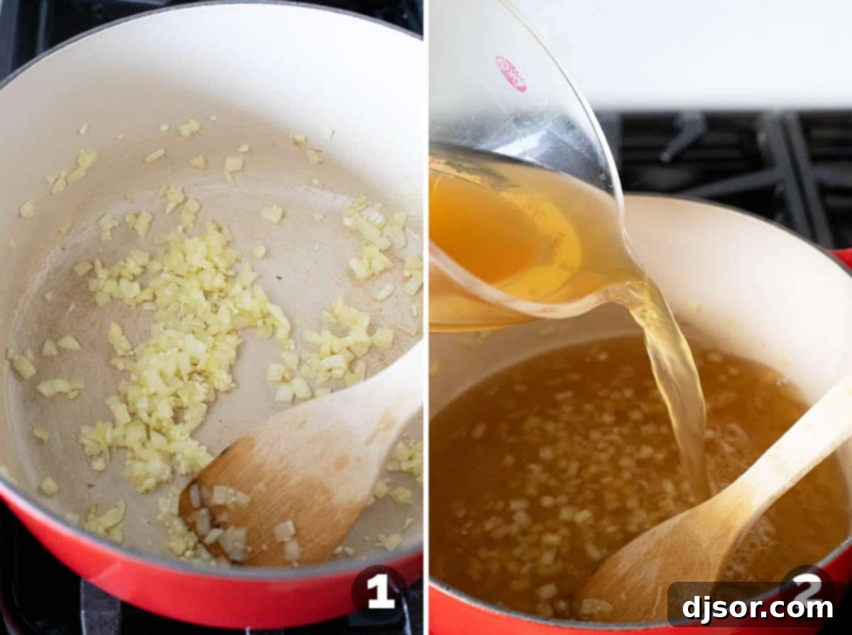 Onions and garlic sautéing in a pot, with chicken broth being added, illustrating the initial steps of making Green Chicken Enchilada Soup.