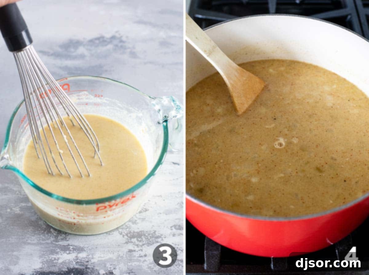 Various ingredients, including masa harina mixture, green enchilada sauce, and diced green chiles, being combined in a large soup pot.