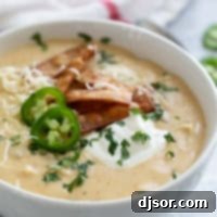 Bowl of Green Chicken Enchilada Soup topped with sour cream, cheese, tortilla strips, cilantro, and jalapeños.
