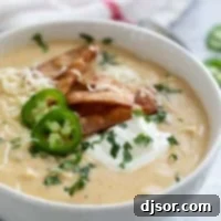 Zesty Verde Chicken Enchilada Soup 9 Bowl of Green Chicken Enchilada Soup topped with sour cream, cheese, tortilla strips, cilantro, and jalapeños.