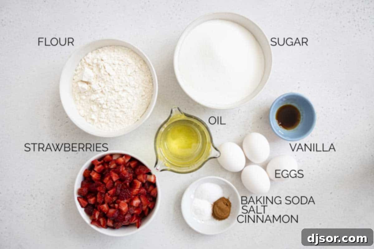 All the fresh ingredients neatly laid out on a kitchen counter, ready to be combined for making strawberry bread: flour, sugar, eggs, vanilla, vegetable oil, cinnamon, baking soda, salt, and a bowl of bright red diced strawberries.
