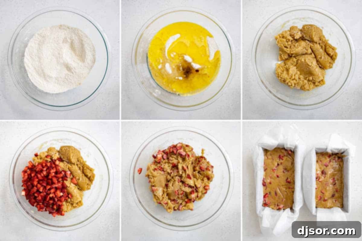A three-panel collage showing the process of making strawberry bread: combining dry ingredients, then adding wet ingredients and mixing into a thick batter, and finally folding in diced fresh strawberries.
