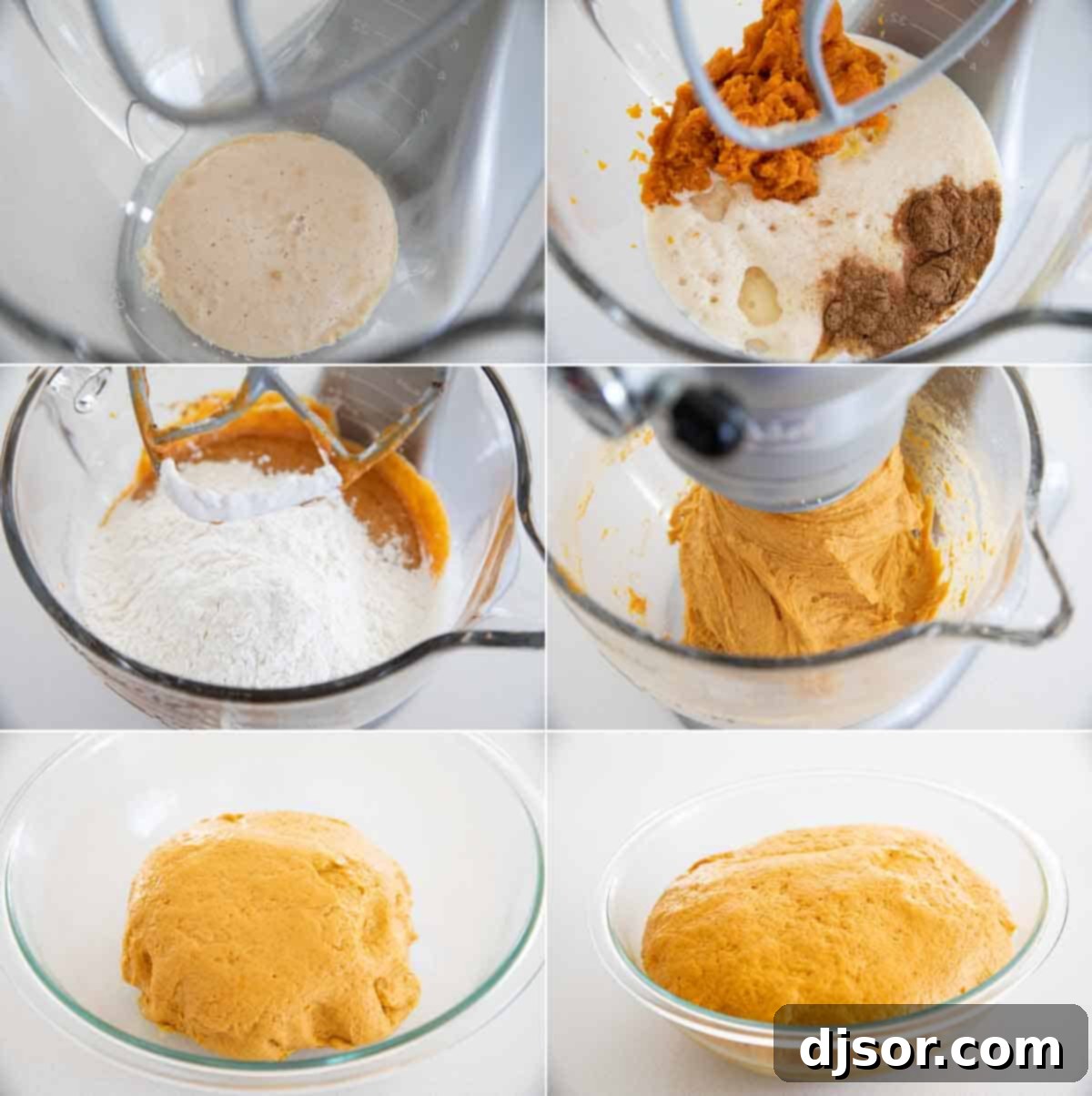 A visual guide to making the dough for pumpkin cinnamon rolls, showing the ingredients being mixed in a bowl.