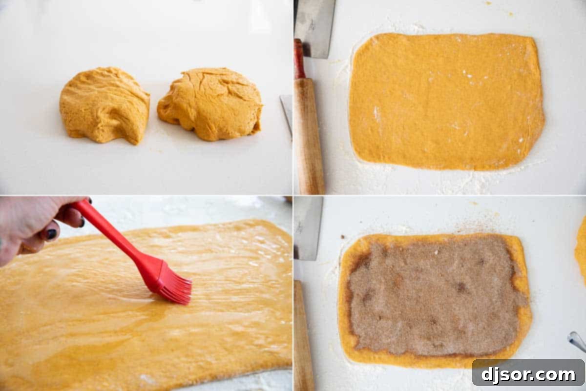 A sequence of images demonstrating the process of rolling out dough and generously filling it with the cinnamon mixture for cinnamon rolls.