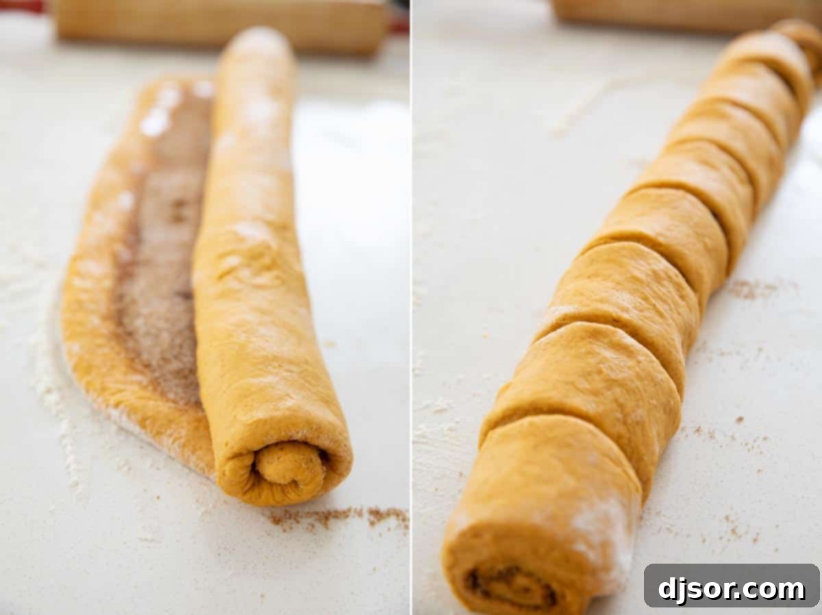 Detailed step-by-step images showing the process of rolling and precisely cutting pumpkin cinnamon rolls, ready for baking.
