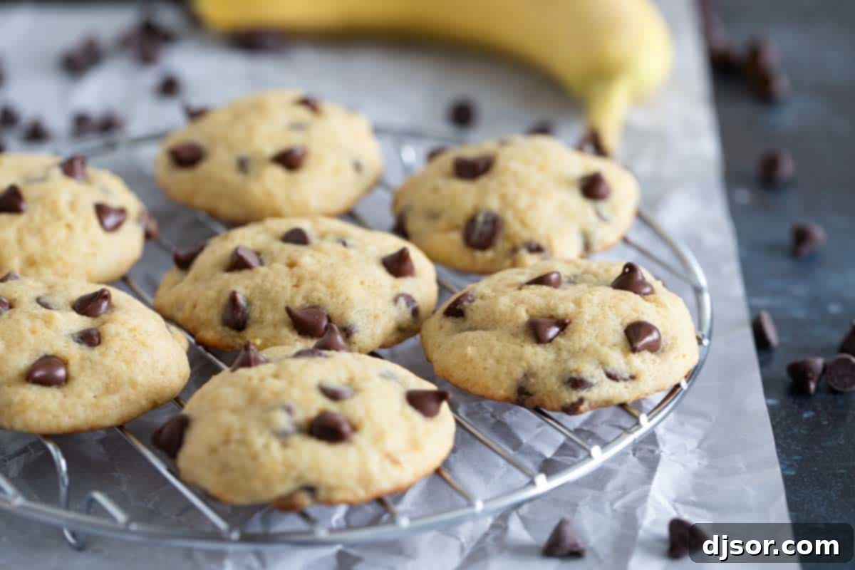 Soft banana cookies are filled with chocolate chips. These Banana Chocolate Chip Cookies are the perfect use for overripe bananas. Banana chocolate chip cookies on a cooling rack