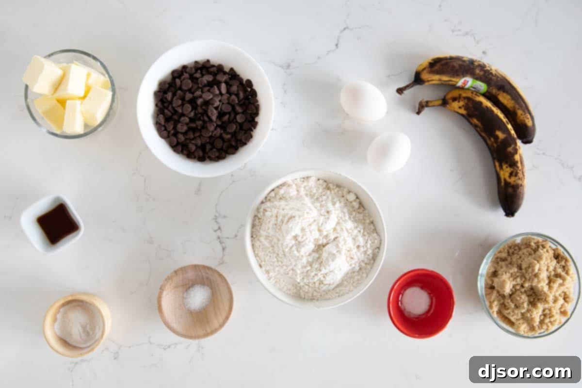 Soft banana cookies are filled with chocolate chips. These Banana Chocolate Chip Cookies are the perfect use for overripe bananas. ingredients to make banana chocolate chip cookies