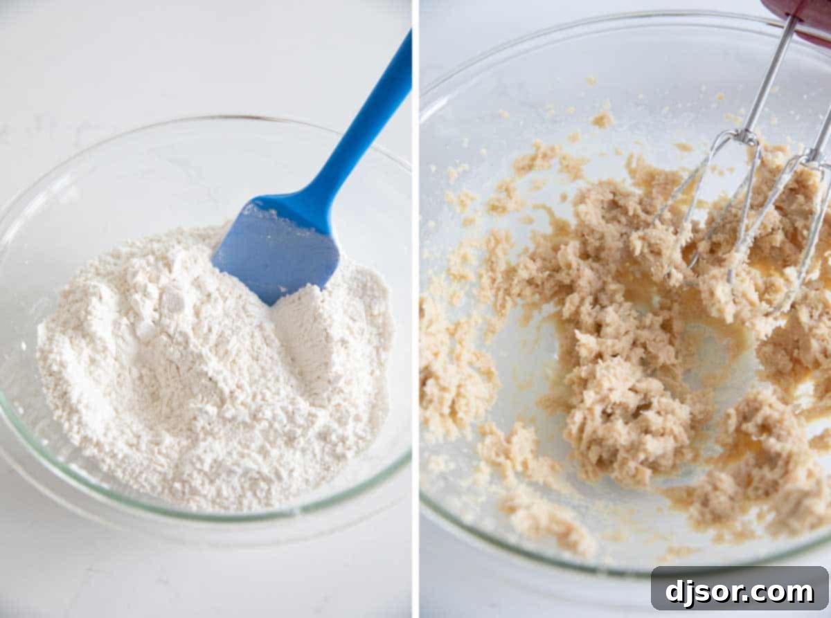 Soft banana cookies are filled with chocolate chips. These Banana Chocolate Chip Cookies are the perfect use for overripe bananas. mixing dry ingredients for cookies and mixing butter and sugar for cookies