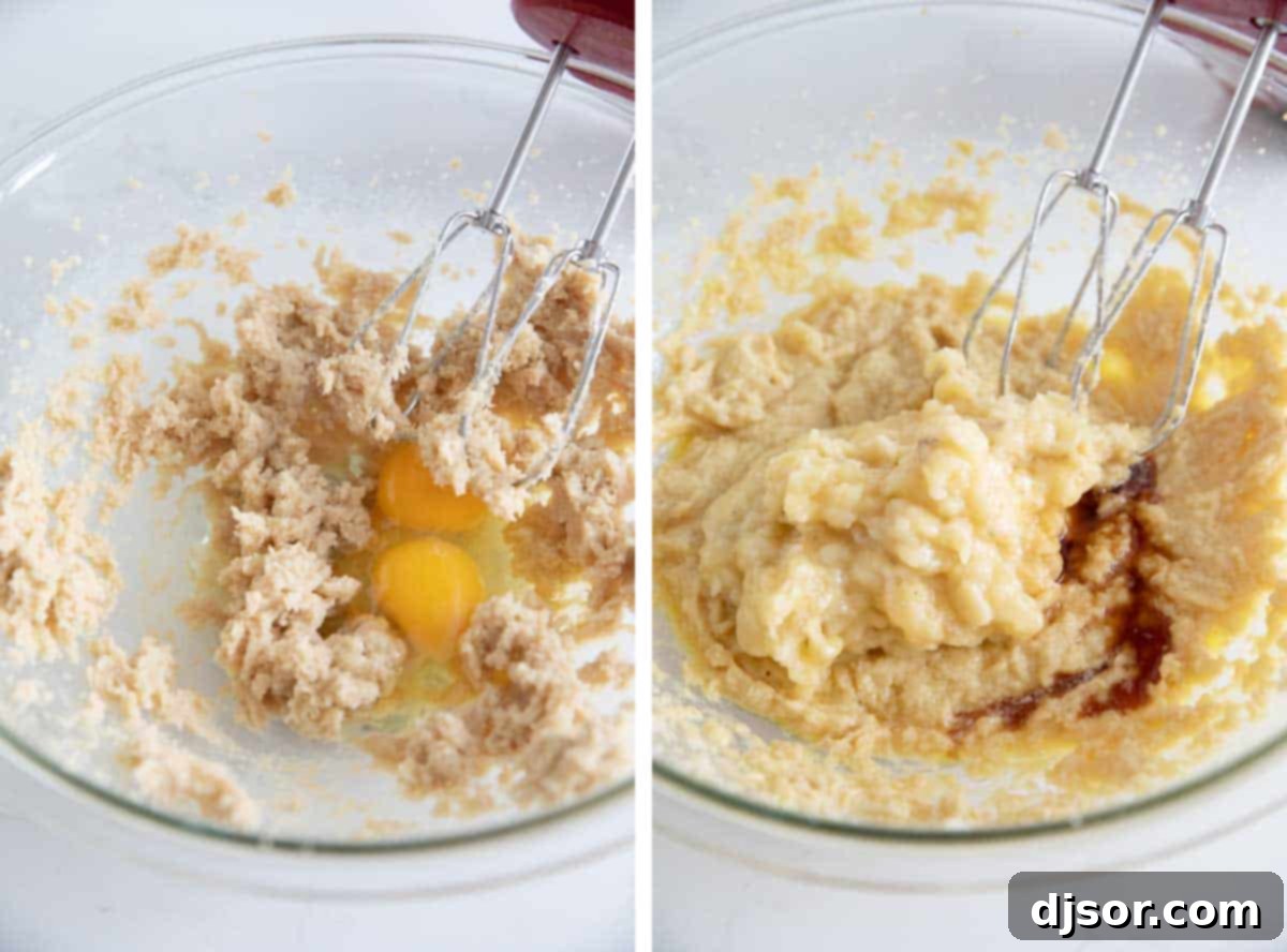 Soft banana cookies are filled with chocolate chips. These Banana Chocolate Chip Cookies are the perfect use for overripe bananas. Adding eggs to butter and sugar and adding mashed banana and vanilla