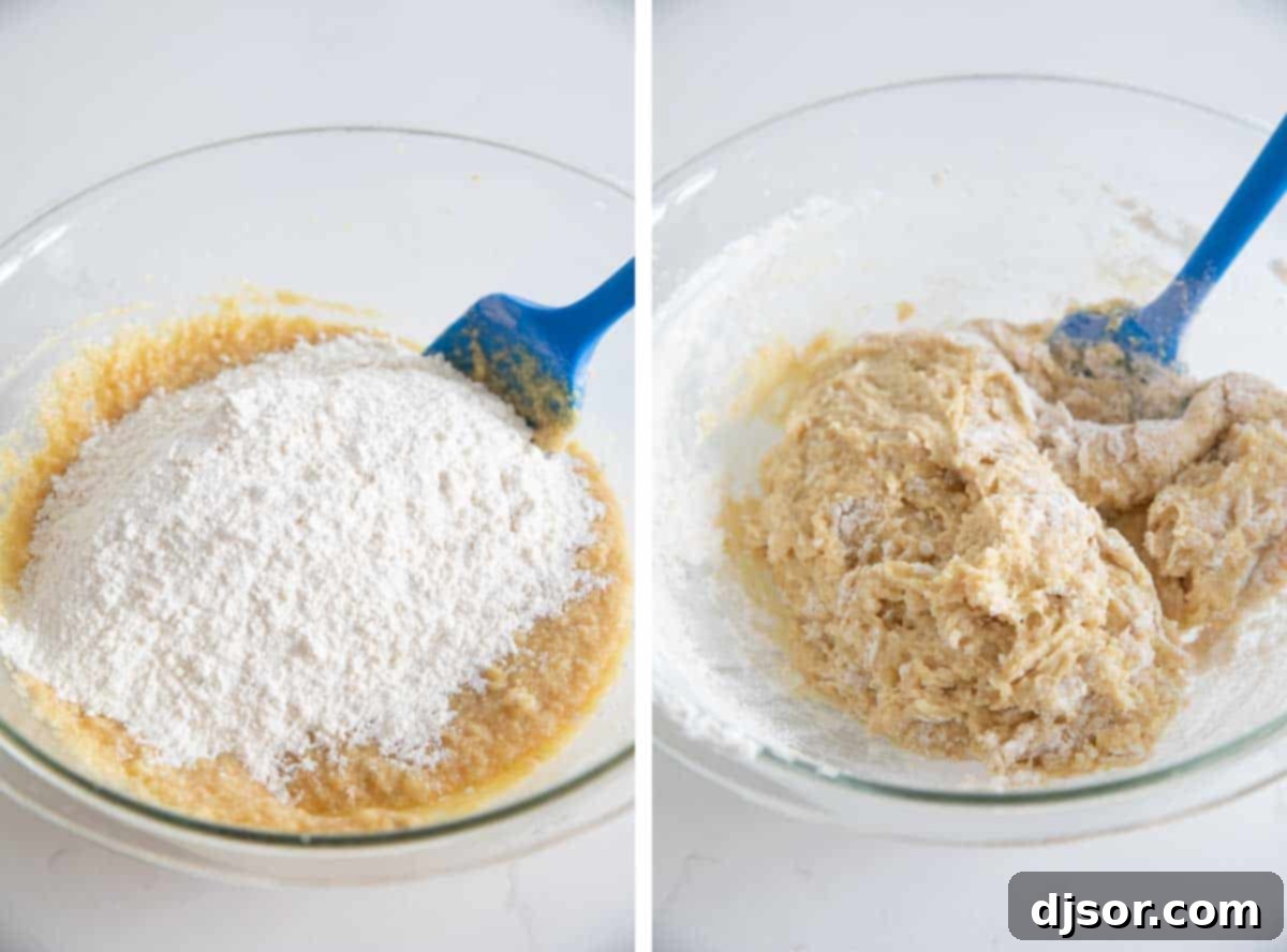 Soft banana cookies are filled with chocolate chips. These Banana Chocolate Chip Cookies are the perfect use for overripe bananas. combining dry and wet ingredients for banana chocolate chip cookies