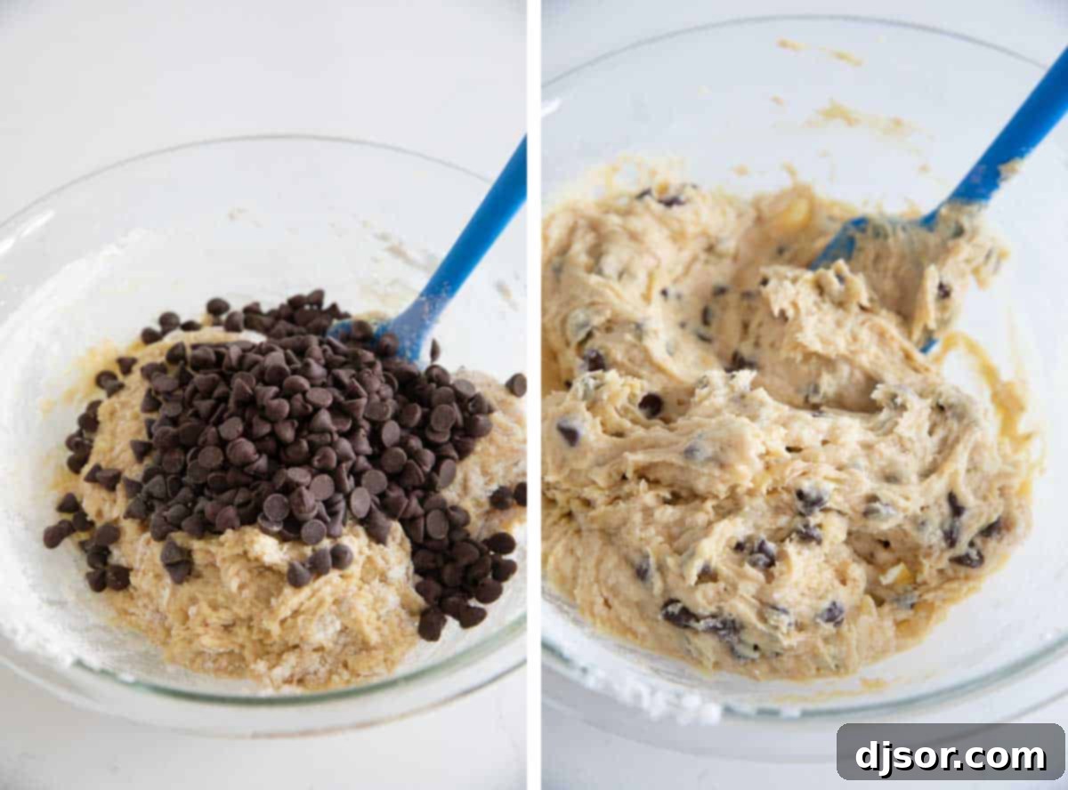 Soft banana cookies are filled with chocolate chips. These Banana Chocolate Chip Cookies are the perfect use for overripe bananas. adding chocolate chips to cookie dough and mixing