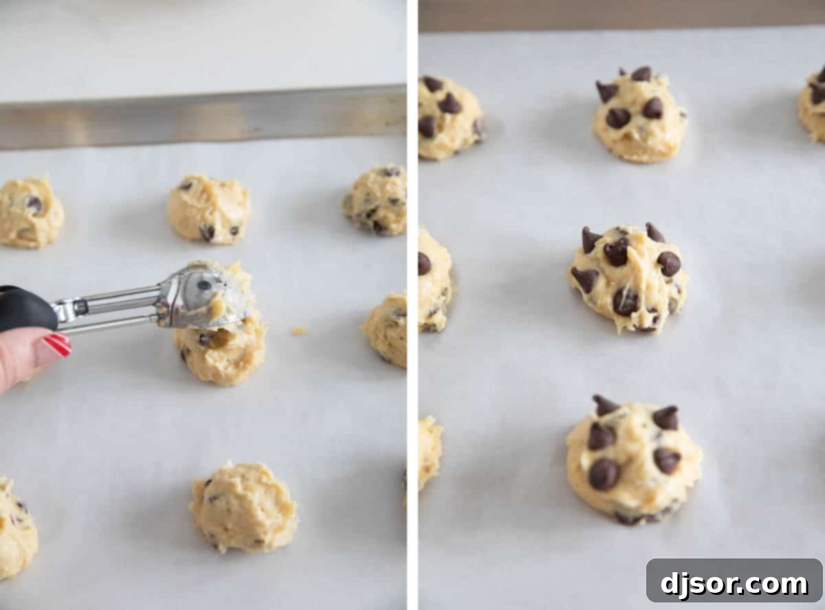 Soft banana cookies are filled with chocolate chips. These Banana Chocolate Chip Cookies are the perfect use for overripe bananas. balls of cookie dough on a baking sheet