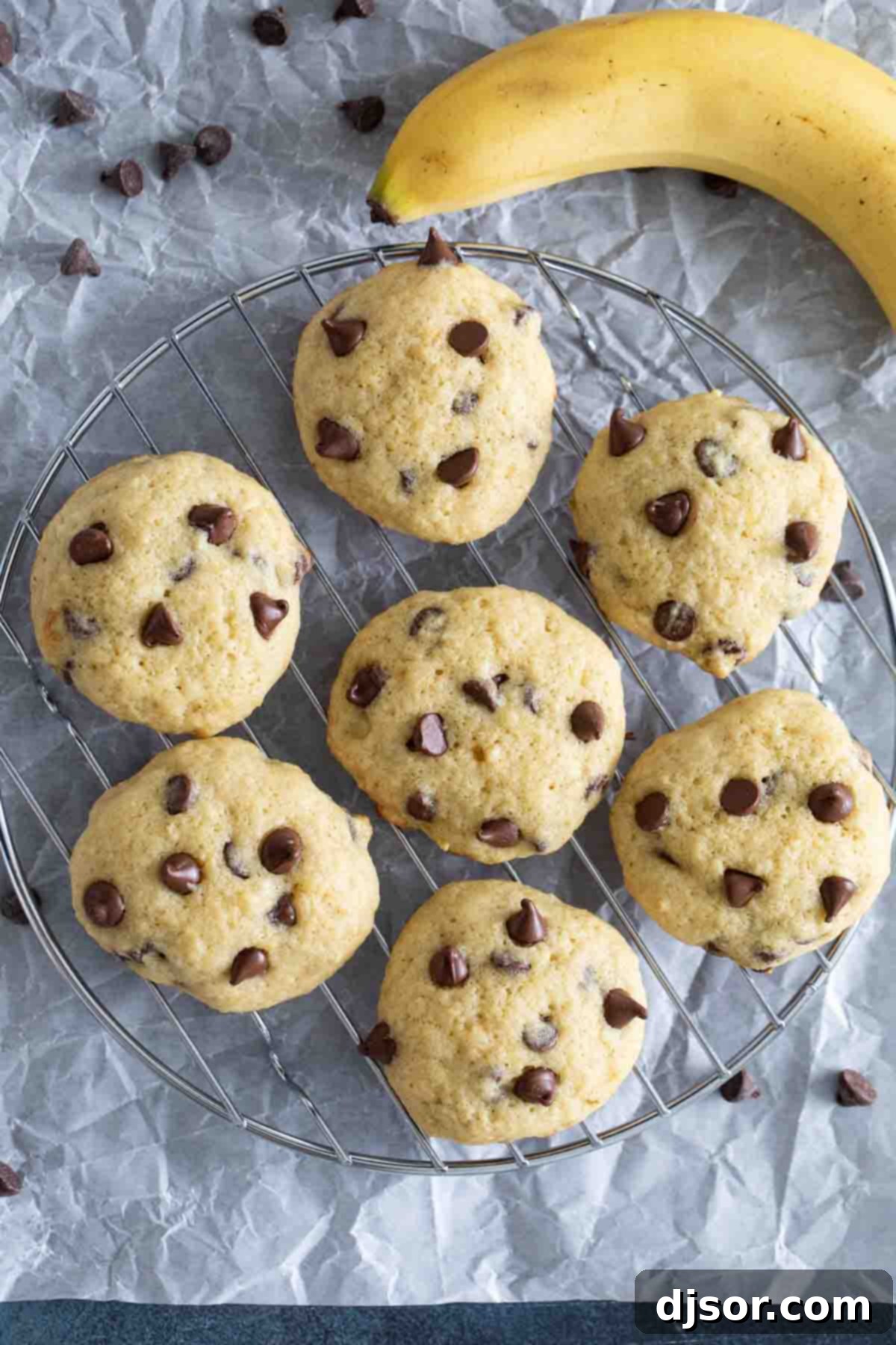 Soft banana cookies are filled with chocolate chips. These Banana Chocolate Chip Cookies are the perfect use for overripe bananas. overhead view of banana chocolate chip cookies on a cooling rack