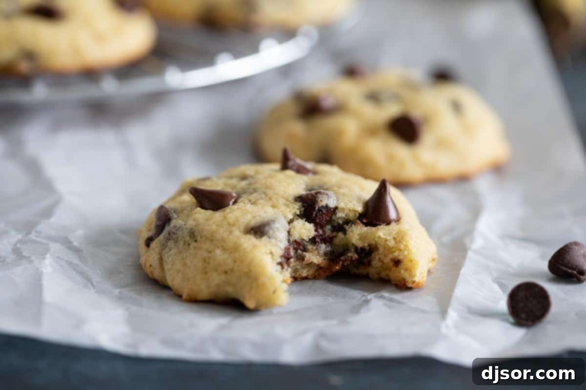 Soft banana cookies are filled with chocolate chips. These Banana Chocolate Chip Cookies are the perfect use for overripe bananas. banana chocolate chip cookie with a bite taken from it