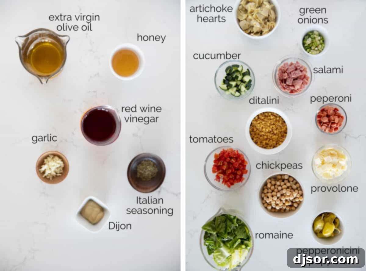 Fresh Ingredients for Italian Chopped Salad A collection of fresh and vibrant ingredients laid out, ready to be prepared for an Italian Chopped Salad, including vegetables, meats, and cheese.