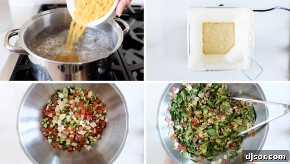 Steps to Make Italian Chopped Salad A step-by-step visual guide showing the preparation process of an Italian Chopped Salad, with ingredients being mixed in a bowl.