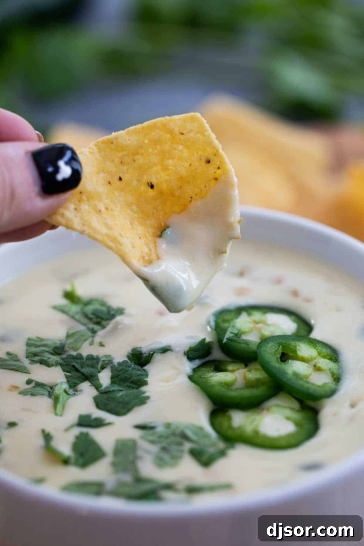 A crisp tortilla chip is dipped into a bowl of smooth, creamy white queso dip, highlighting its perfect texture and readiness to enjoy.