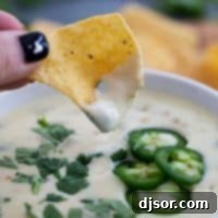 A crisp tortilla chip is dipped into a bowl of smooth, creamy white queso dip, highlighting its perfect texture and readiness to enjoy.