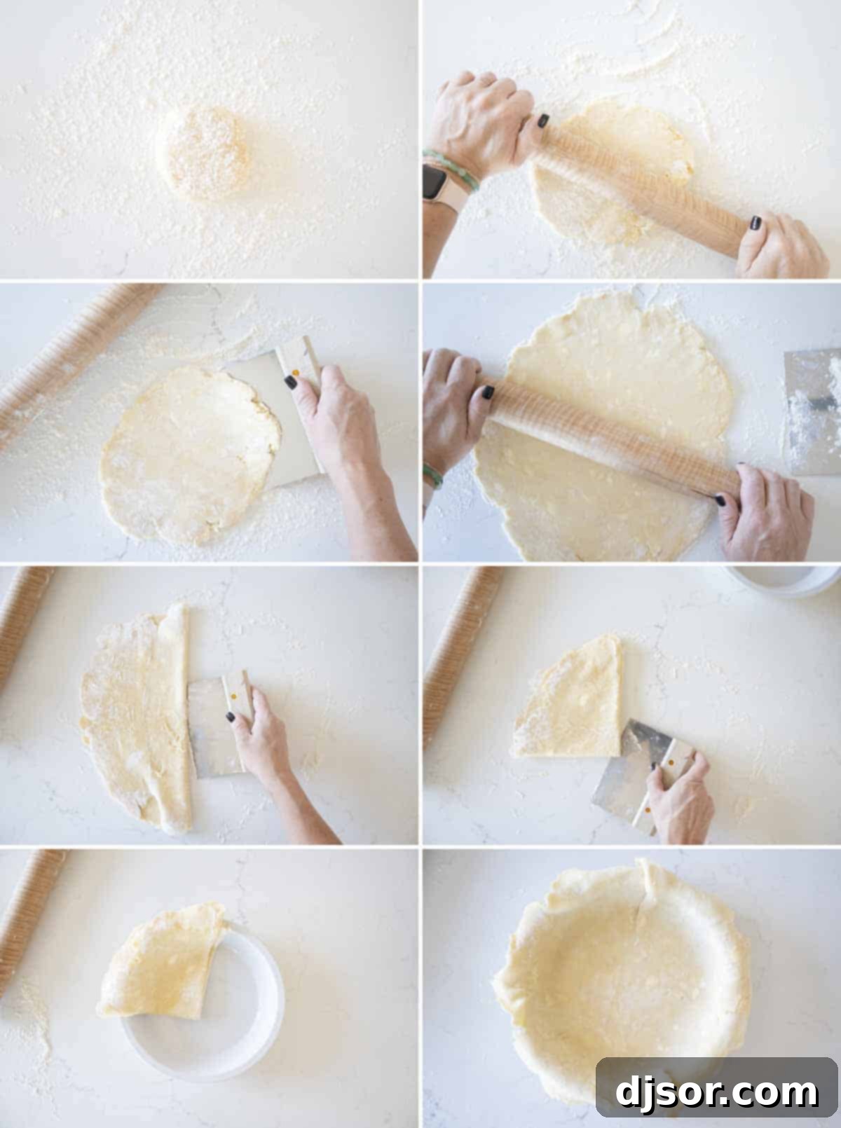 Sequential photos demonstrating two methods for rolling out pie crust: directly on a floured counter and between two sheets of wax paper.