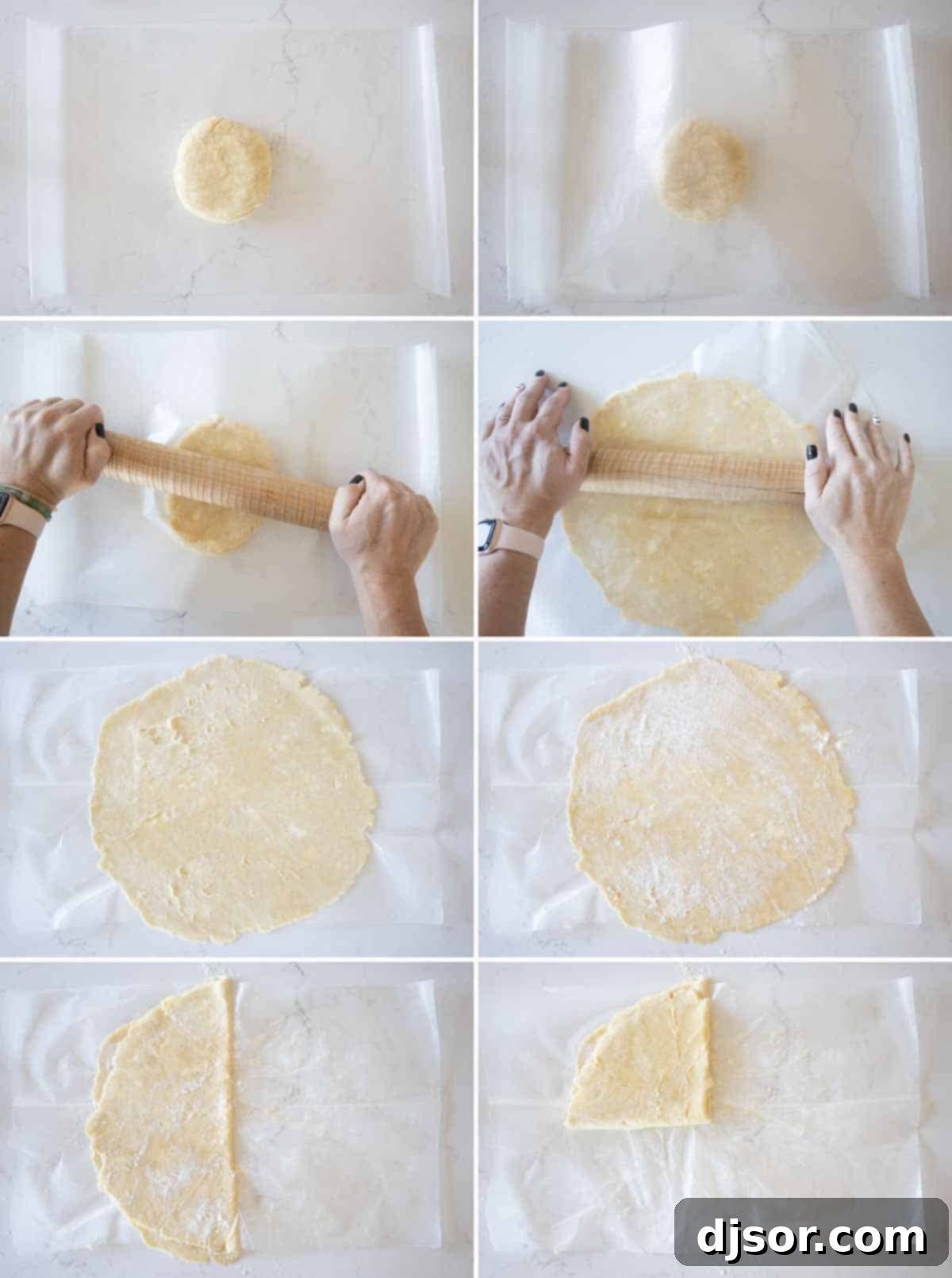A visual guide demonstrating the technique of rolling out pie dough between two sheets of wax paper, offering an alternative to direct counter rolling.