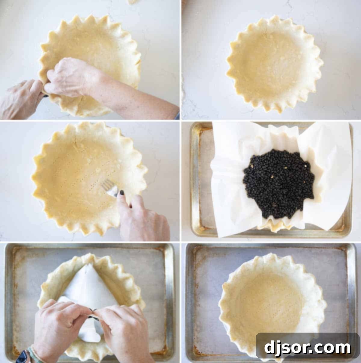 A visual sequence of blind baking a pie crust, showing steps like crimping, piercing, lining with parchment, filling with pie weights, and the final golden-brown result.