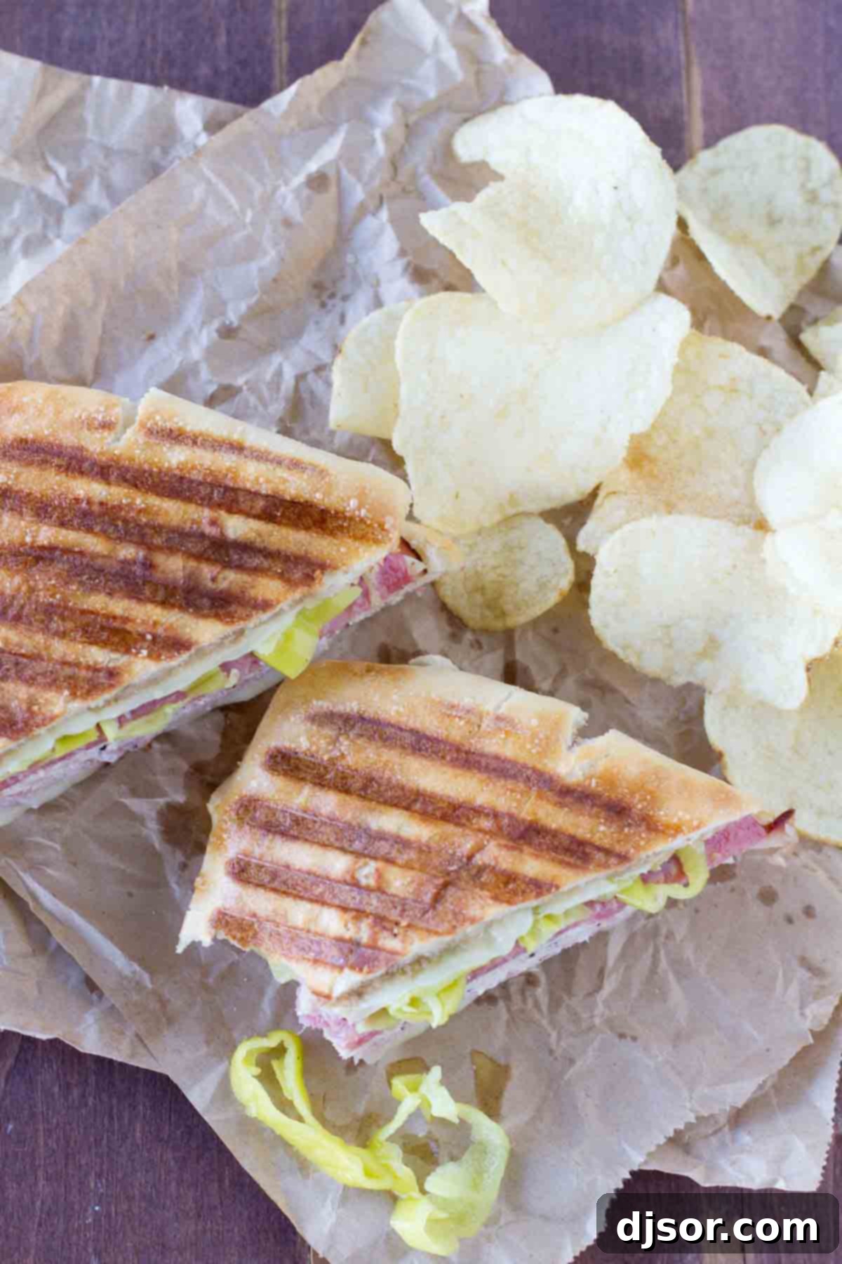overhead view of Italian Melt panini, showing the layers of ingredients