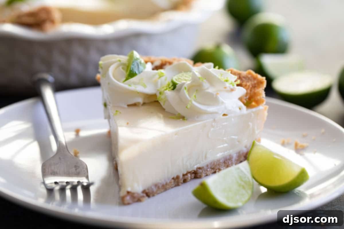 Slice of Key Lime Pie on a white plate, showcasing its creamy texture and golden crust