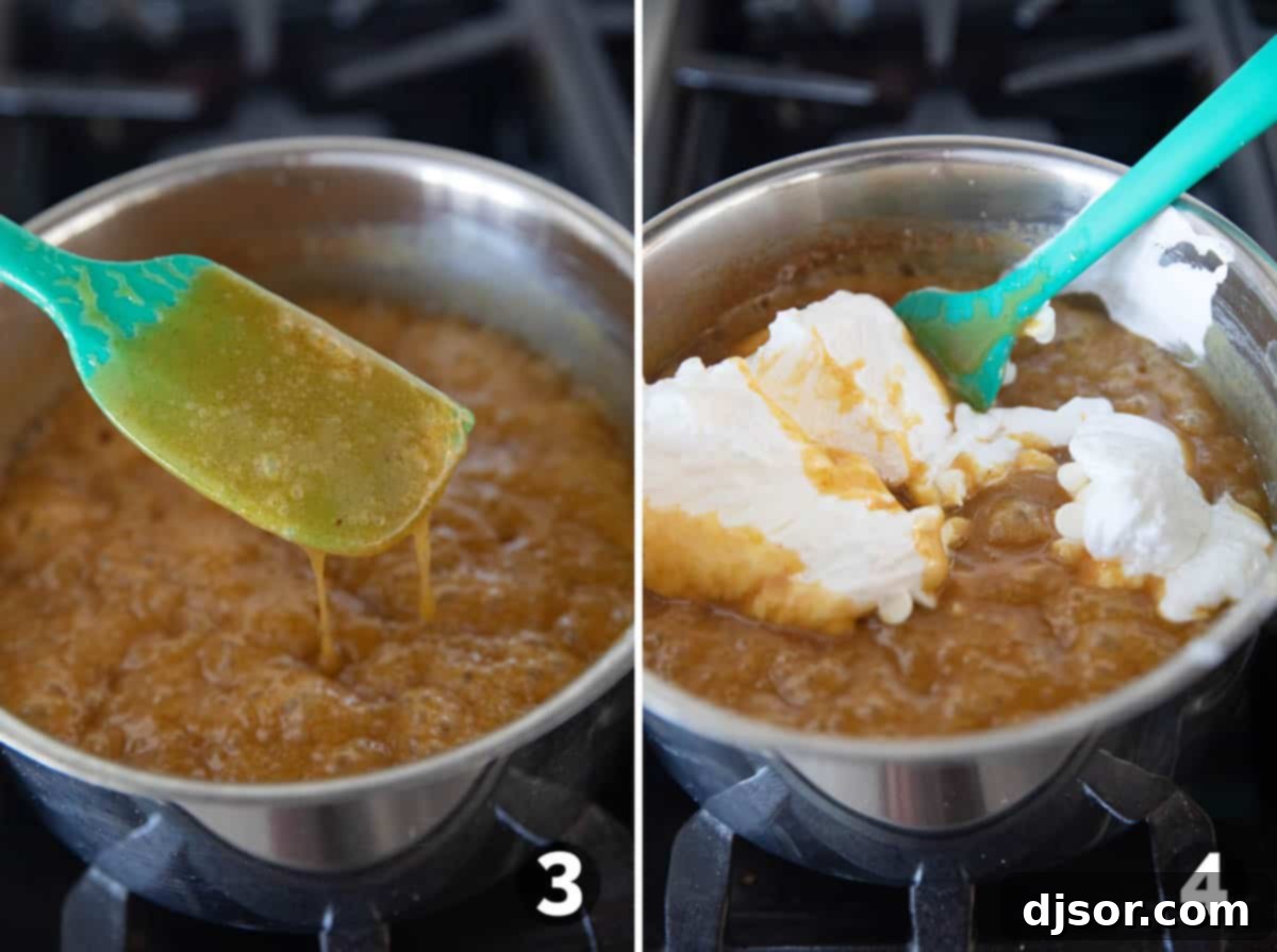 Thickening the pumpkin fudge mixture on the stove, then adding marshmallow creme and white chocolate chips off the heat.