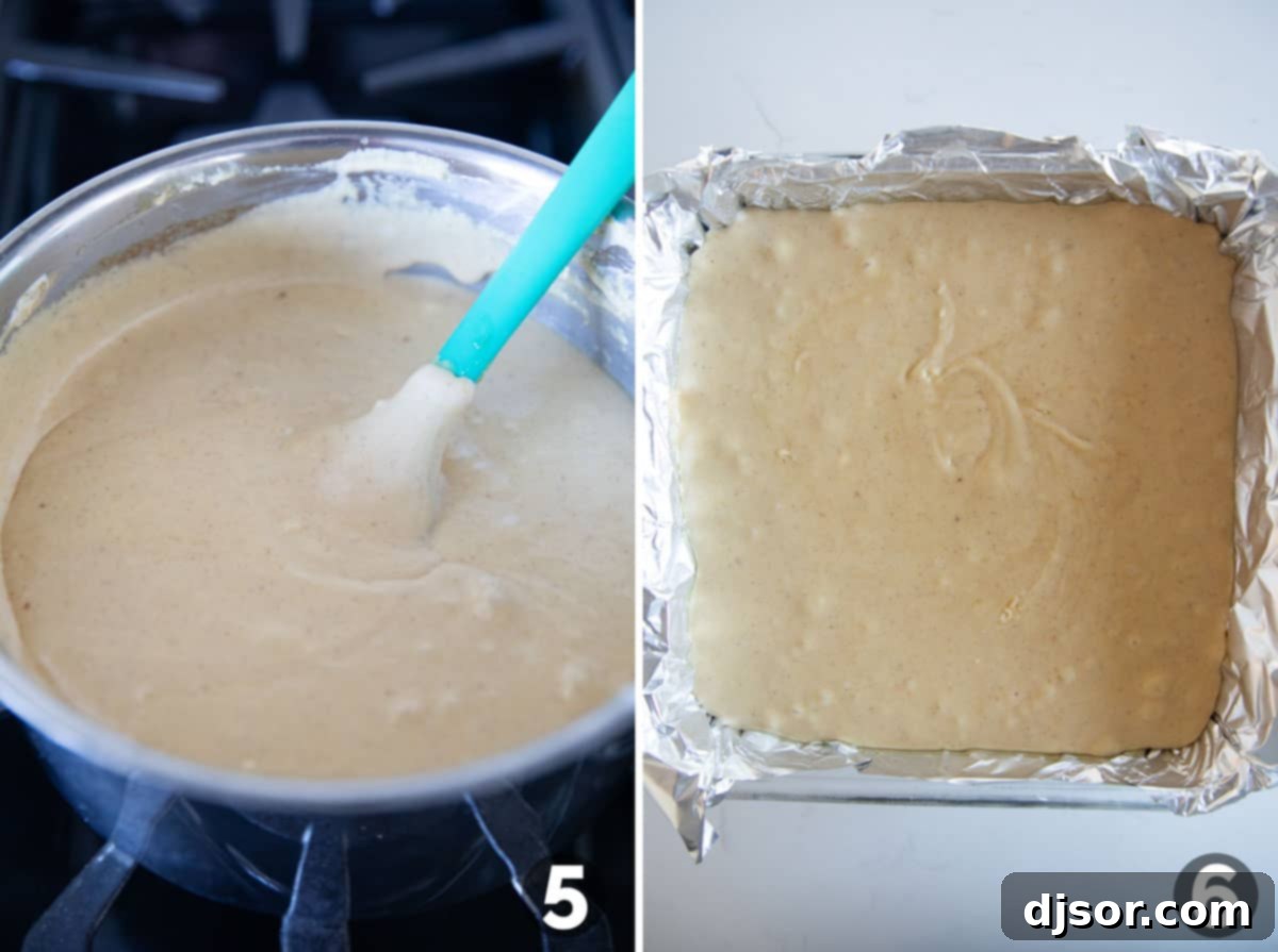 Pouring the warm pumpkin fudge mixture into a foil-lined baking dish to cool and set.