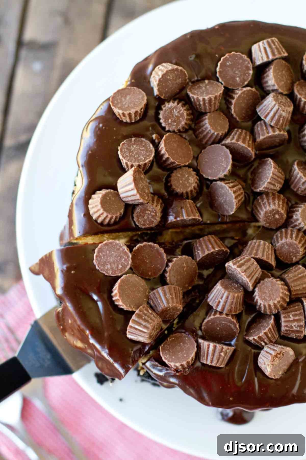 Close-up top view of the Reese's Peanut Butter Cheesecake, showcasing the smooth chocolate ganache and mini Reese's peanut butter cups as a garnish.