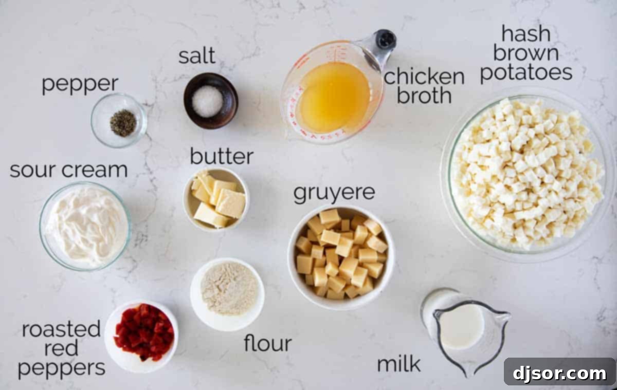 Various ingredients laid out on a countertop, ready to be used for making Crockpot Cheesy Potatoes.