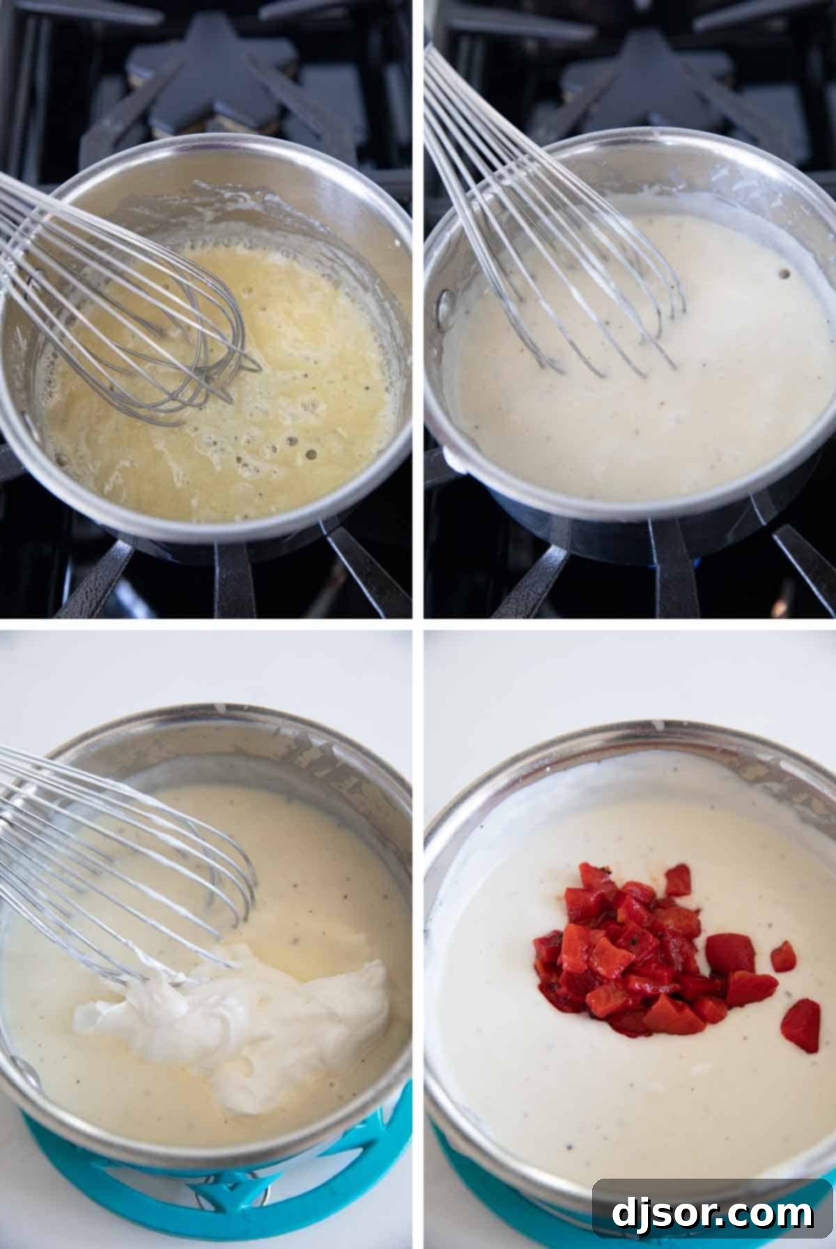 A sequence of images showing the process of making the creamy cheese sauce for Crockpot Cheesy Potatoes.