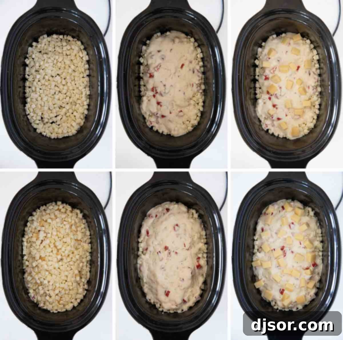 A slow cooker showing layers of frozen hash browns, creamy sauce, and cubed cheese, ready for cooking.