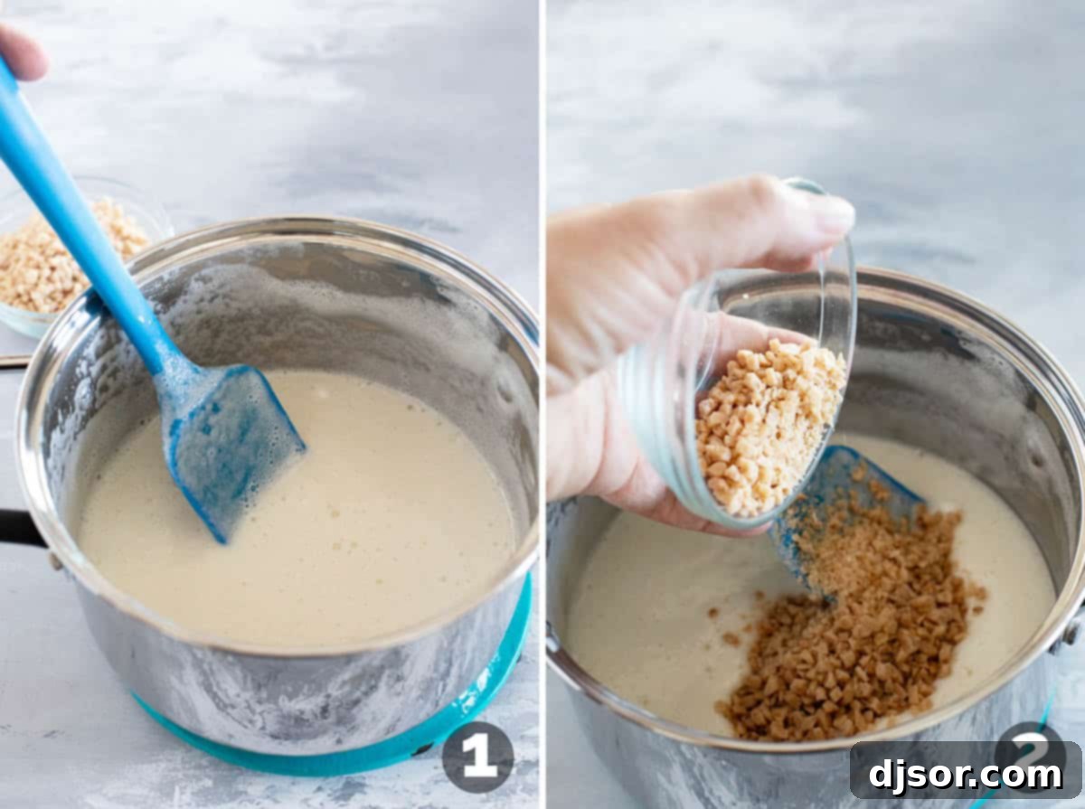 Melting marshmallows with milk and adding toffee pieces.