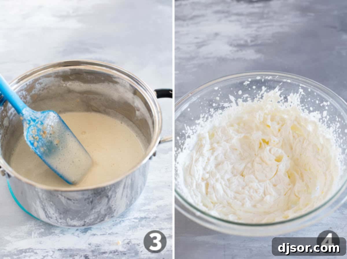 Mixing toffee pieces into melted marshmallows and making whipped cream.