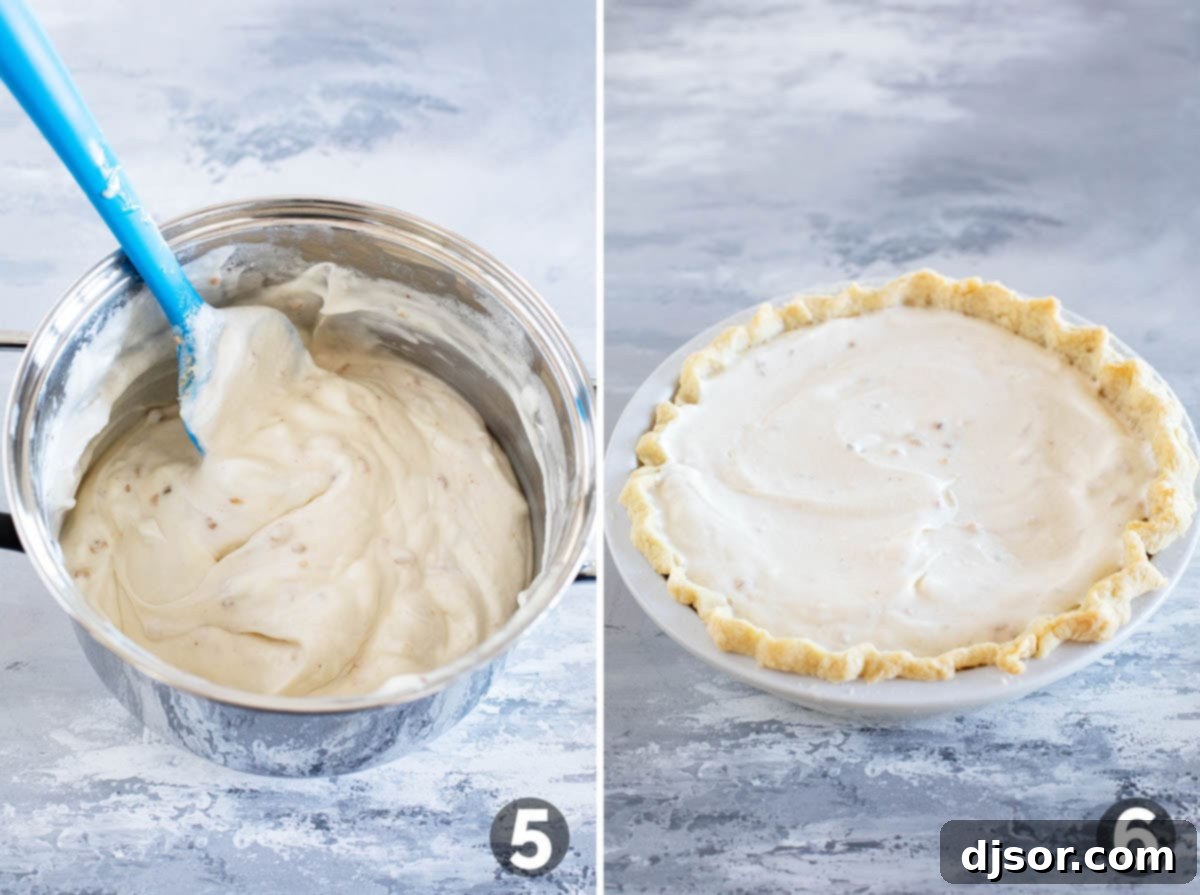 Mixing whipped cream into marshmallow mixture and adding to pie crust.